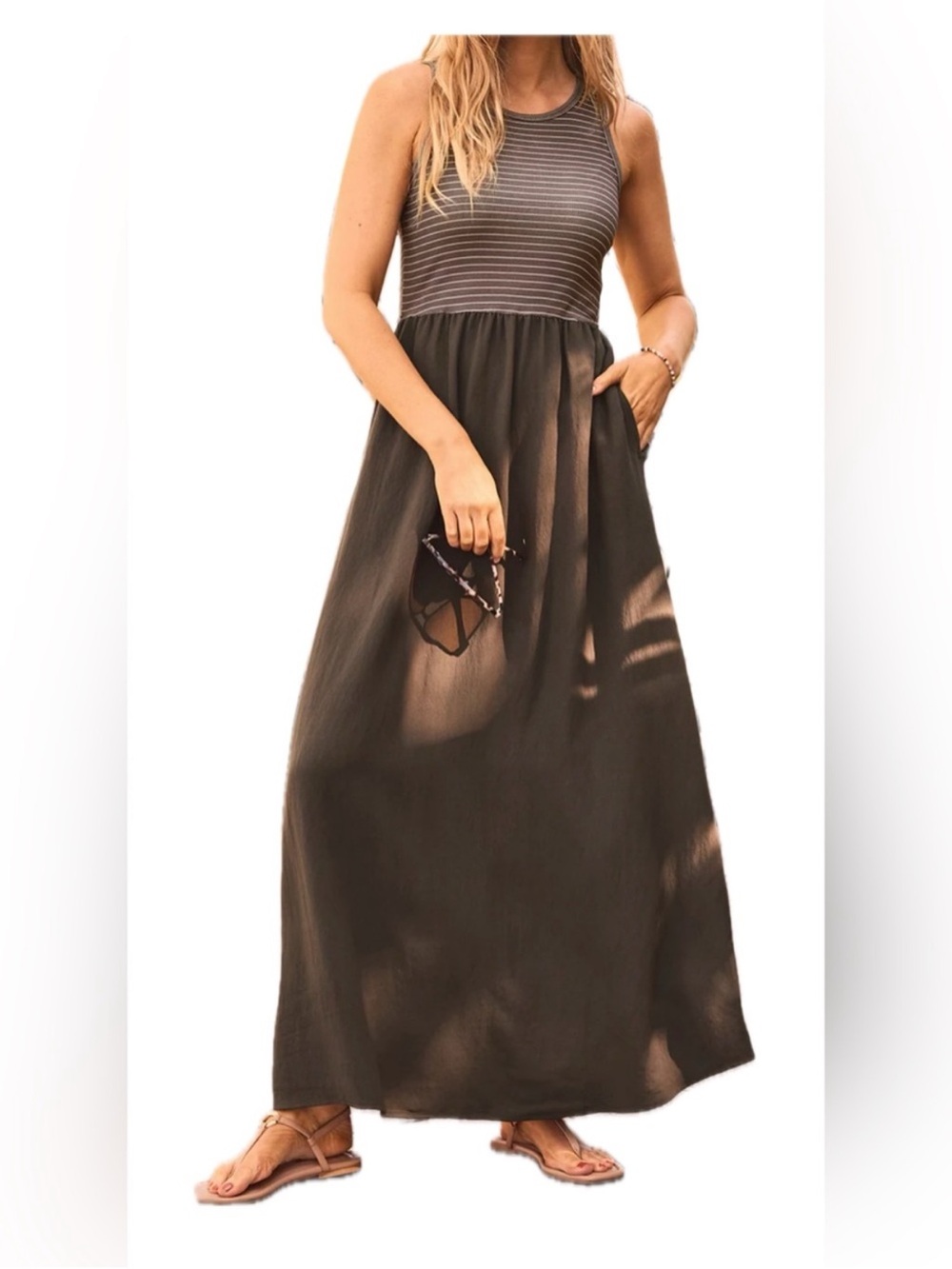 NWT Zsupply x Evereve Sleeveless Brown Striped Bodice Maxi Dress with Pockets